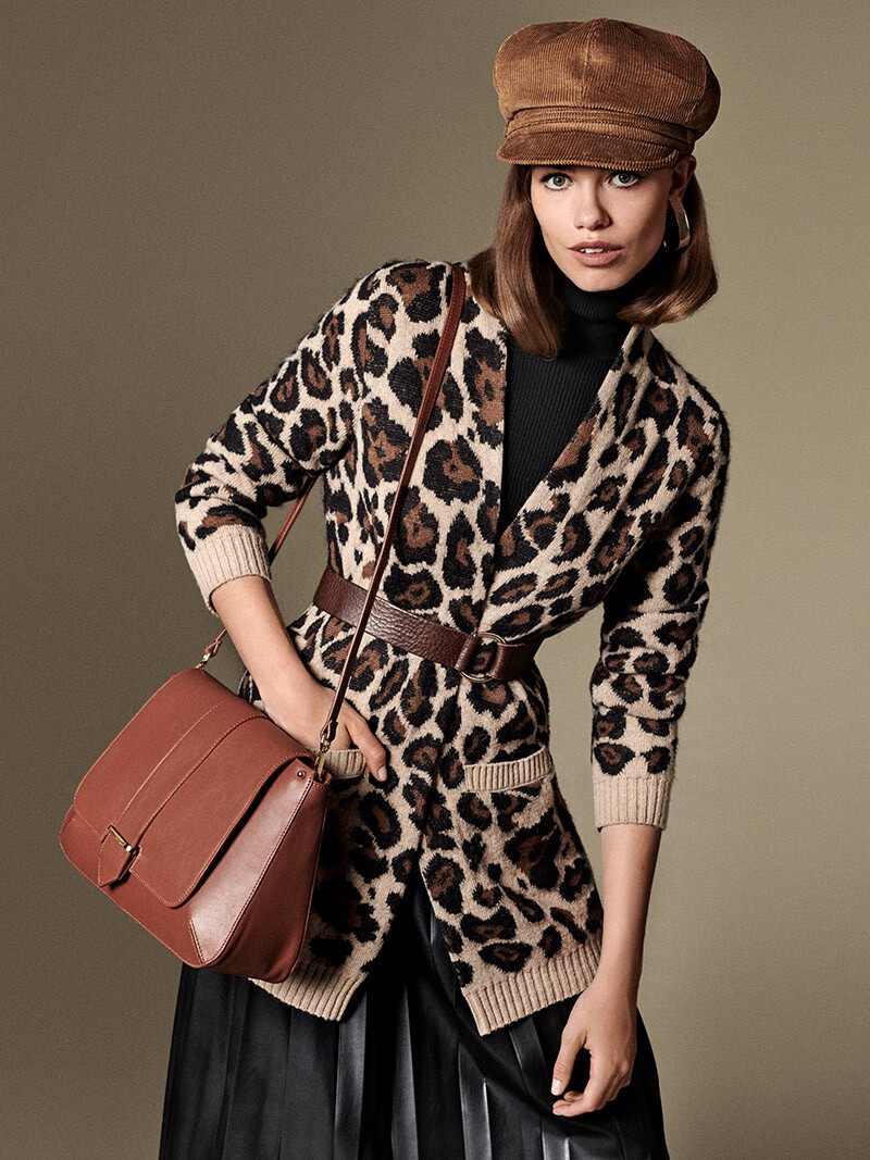 Hailey Clauson poses in leopard print for Luisa Spagnoli fall-winter 2019 campaign