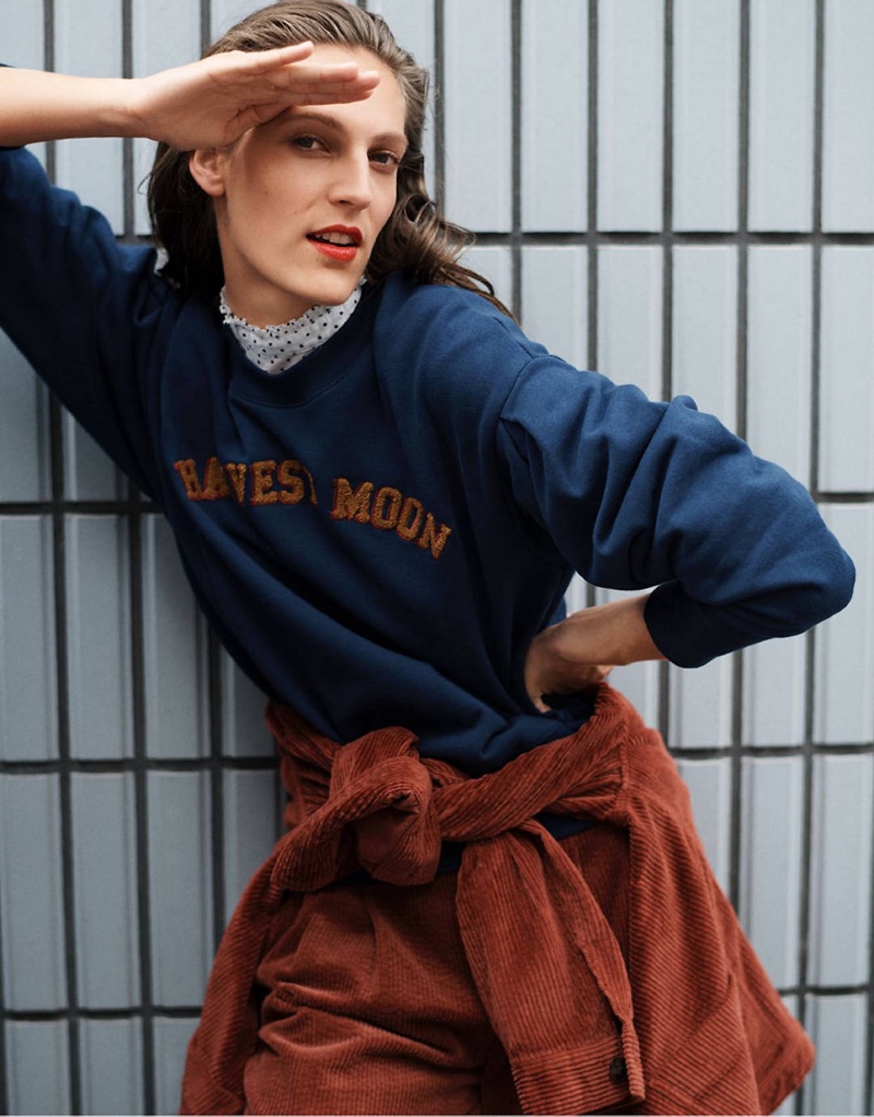 Madewell Harvest Moon Pleat-Sleeve Sweatshirt $75, Corduroy Swing Chore Coat $128 and Pleated Wide-Leg Full-Length Pants in Corduroy $118