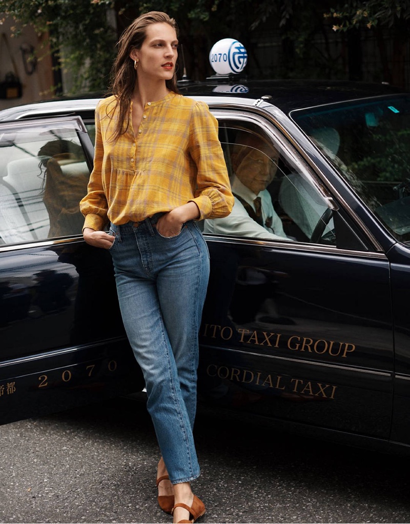 Madewell Flannel Leysfield Popover Shirt $79.50, Classic Straight Jeans in Peralta Wash $128 and The Alina Mary-Jane Flat in Suede $118