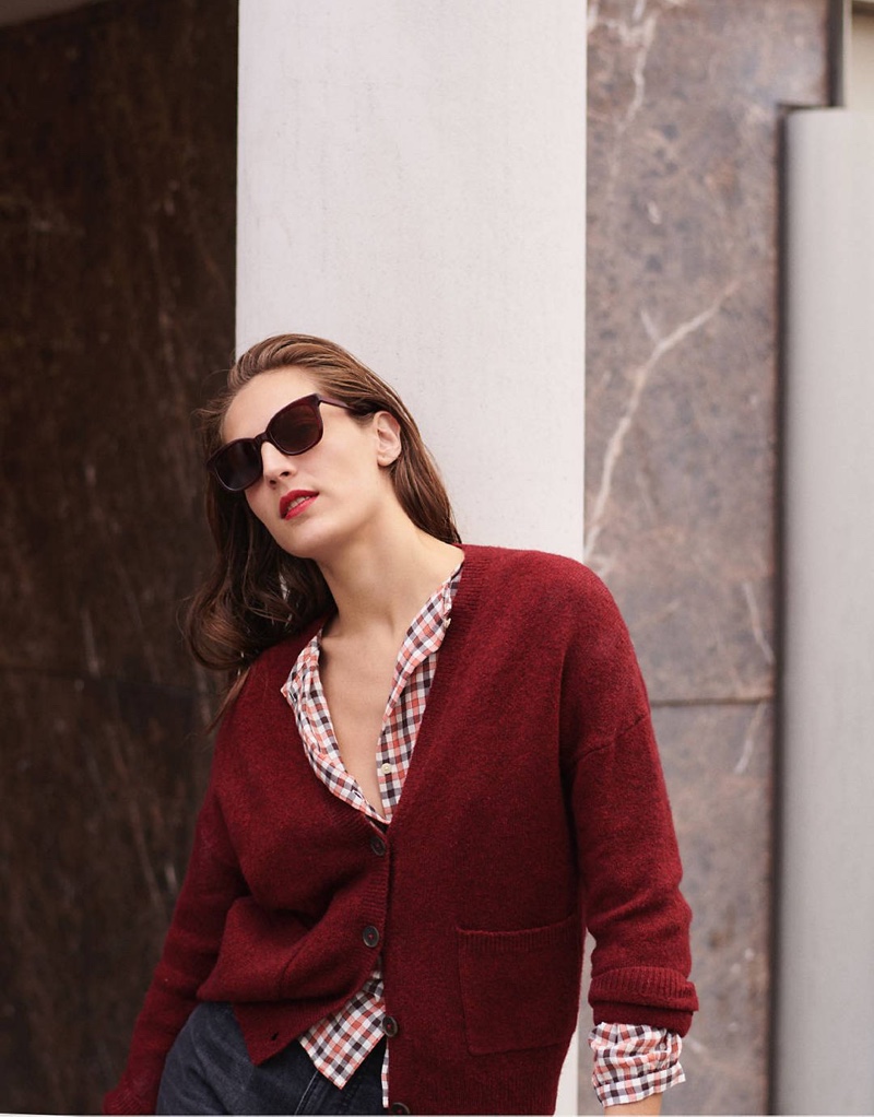 Madewell Short Kent Ex-Boyfriend Cardigan Sweater $89.50, Meadow Shirt in Check $79.50 and Venice Flat-Frame Sunglasses $65