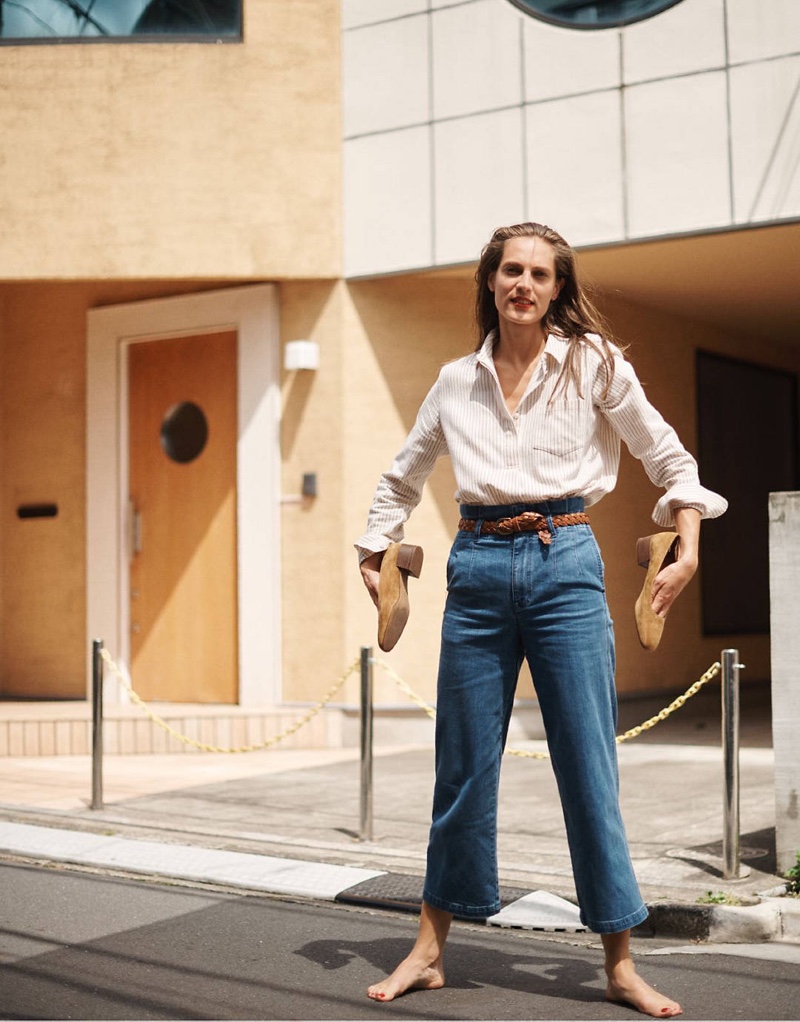 Madewell Flannel Classic Ex-Boyfriend Button-Back Shirt in Stripe $88, Paperbag Jeans in Flannigan Wash $110 and The Sofie Pump in Suede $128