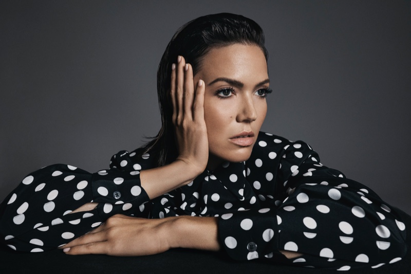 Actress Mandy Moore poses in Dolce & Gabbana polka dot print top