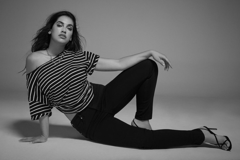 Model Lorena Duran rocks stripes from Violeta by Mango