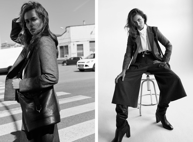 Model Andreea Diaconu fronts Massimo Dutti First View Report fall-winter 2019 lookbook