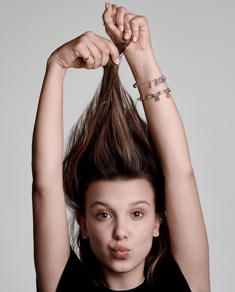 Actress Millie Bobby Brown poses for Pandora Me jewelry campaign