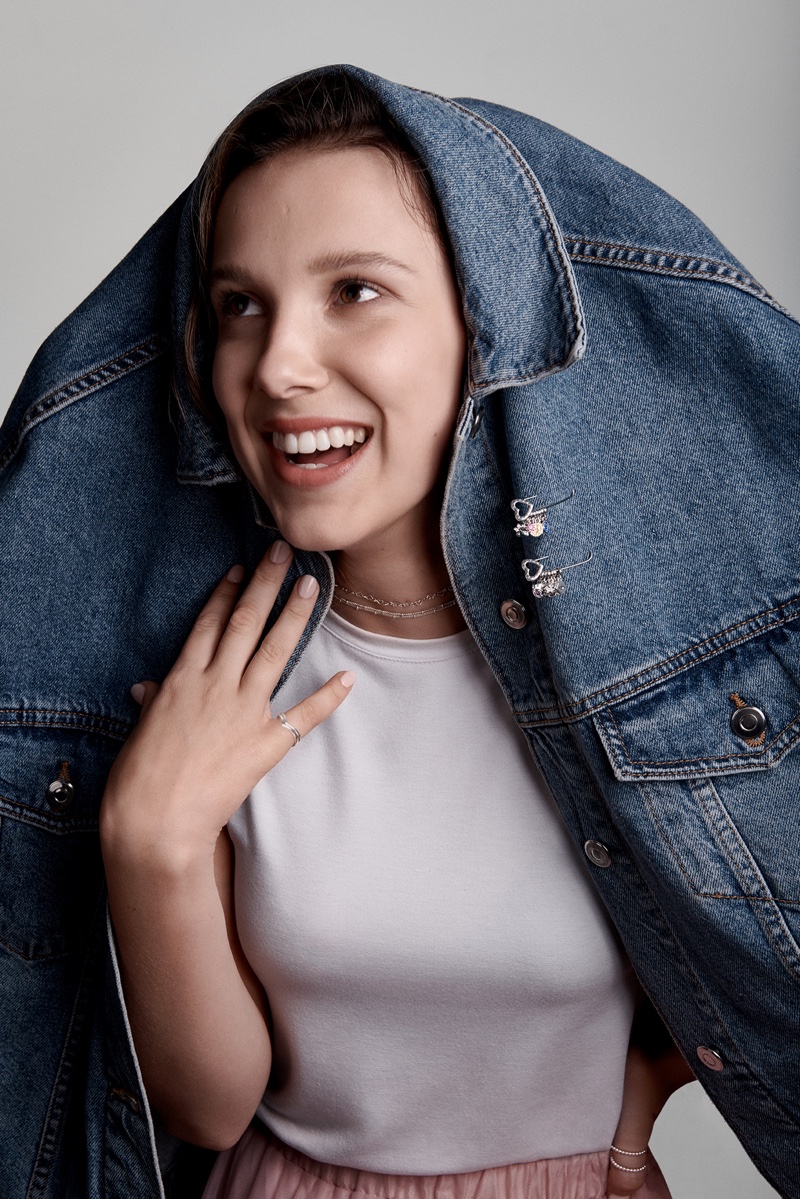 Wearing denim, Millie Bobby Brown fronts Pandora Me jewelry campaign
