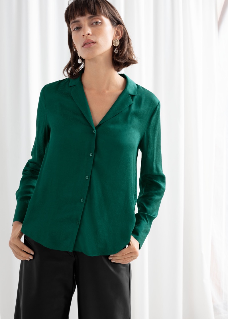 & Other Stories Jacquard Button Up Blouse in Dark Green $59