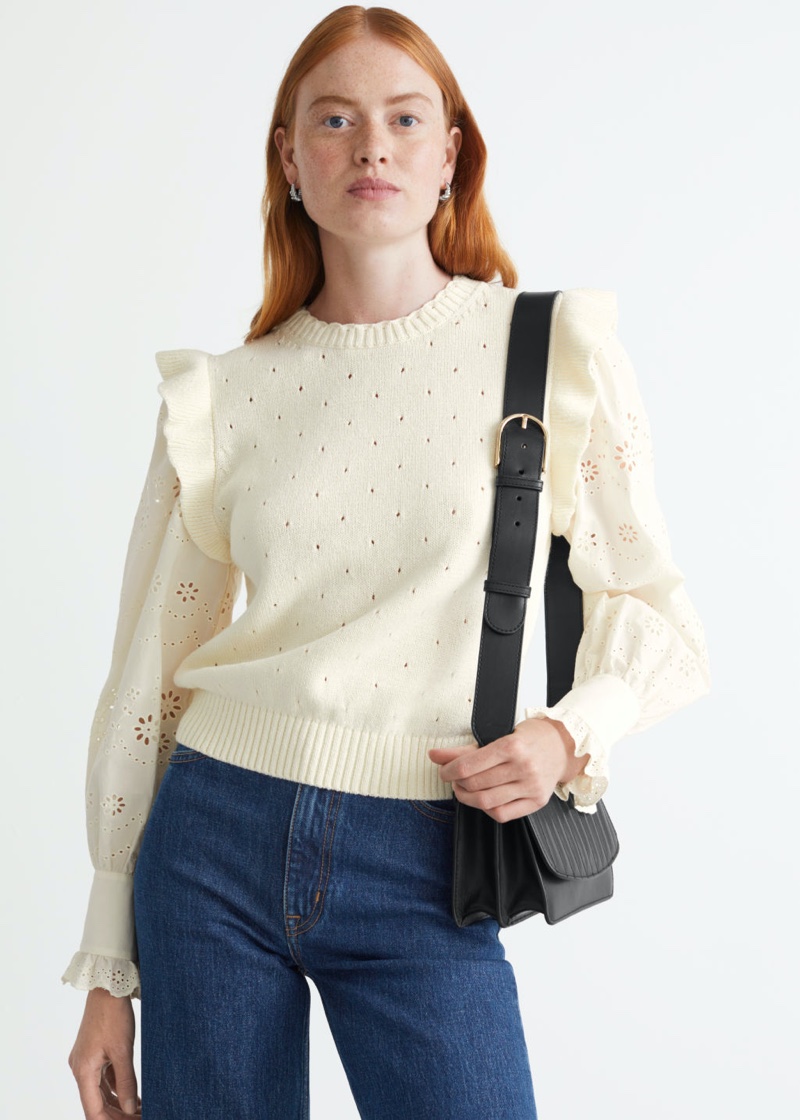 & Other Stories Knitted Ruffle Embroidery Sweater $99