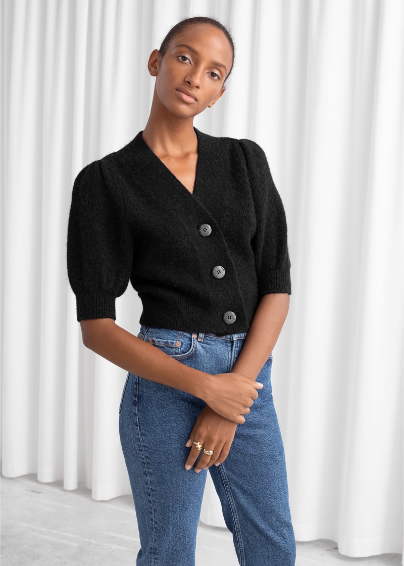 puff sleeve wool blend cardigan