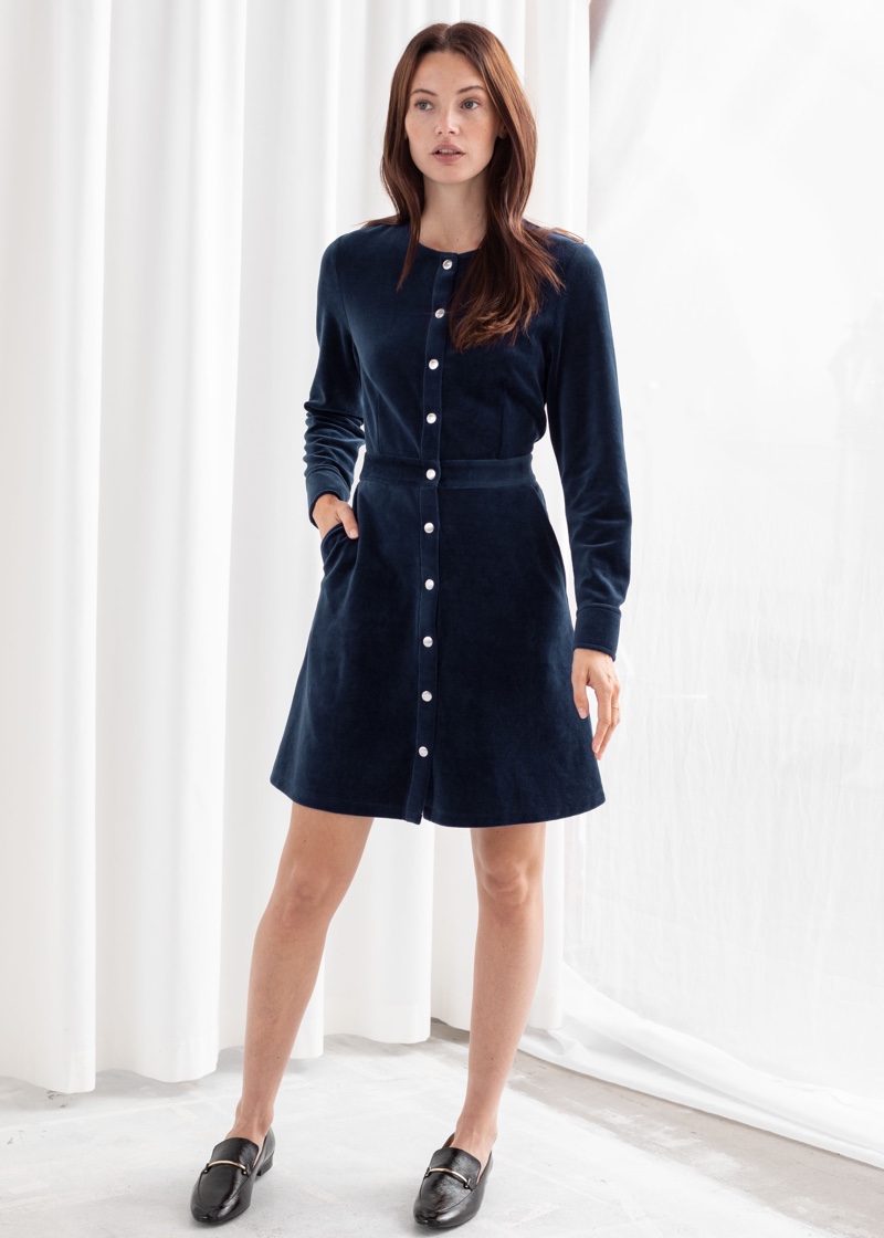 & Other Stories Velour Stud Button Mini Dress $89