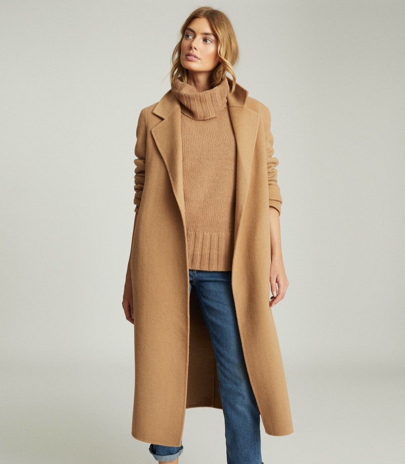 Reiss Leah Wool Blend Longline Overcoat in Camel $620