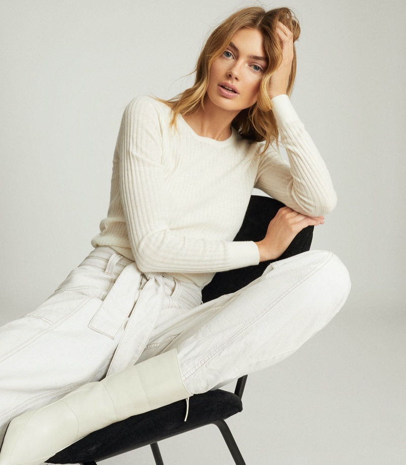 Reiss Michelle Crew Neck Knitted Top in Cream $180
