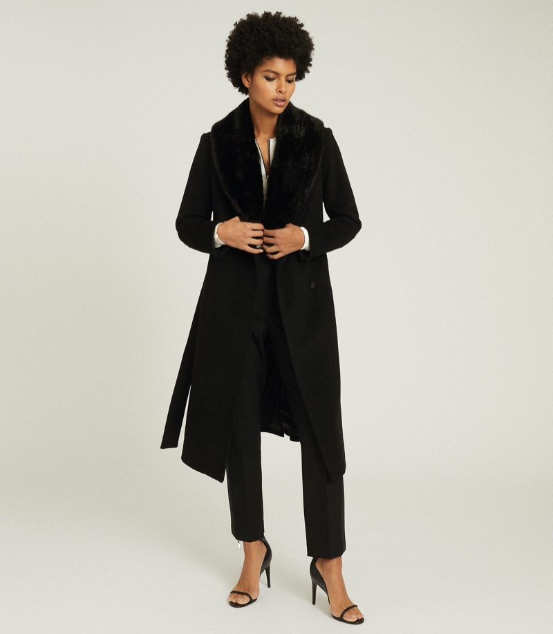 Reiss Pacey Faux Fur Shawl Collar Overcoat in Black $745