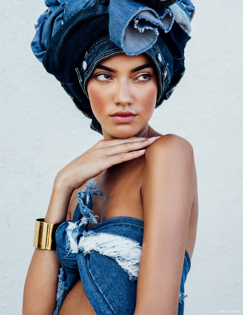 Turban various vintage denim, Bra Jeans from Anthropologie and Jewelry stylist’s own. Photo: IJfke Ridgley