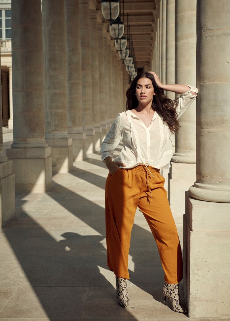 Violeta by Mango Decorative Embroidery Blouse, Flowy Baggy Pants and Snake-Effect Ankle Boots