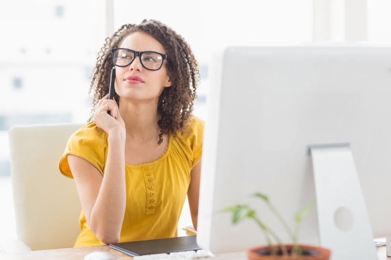 Woman Glasses Yellow Shirt Office Mixed Race