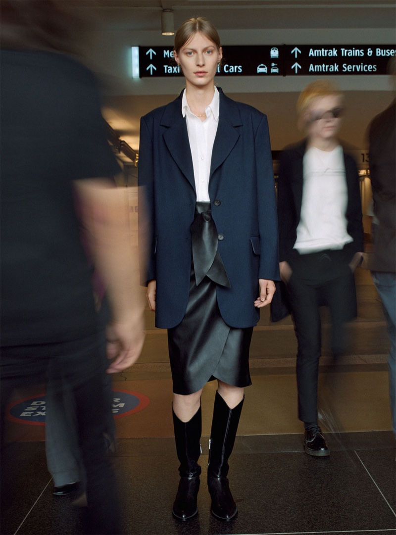 Zara Navy Blazer, White Collared Shirt and Faux Leather Skirt