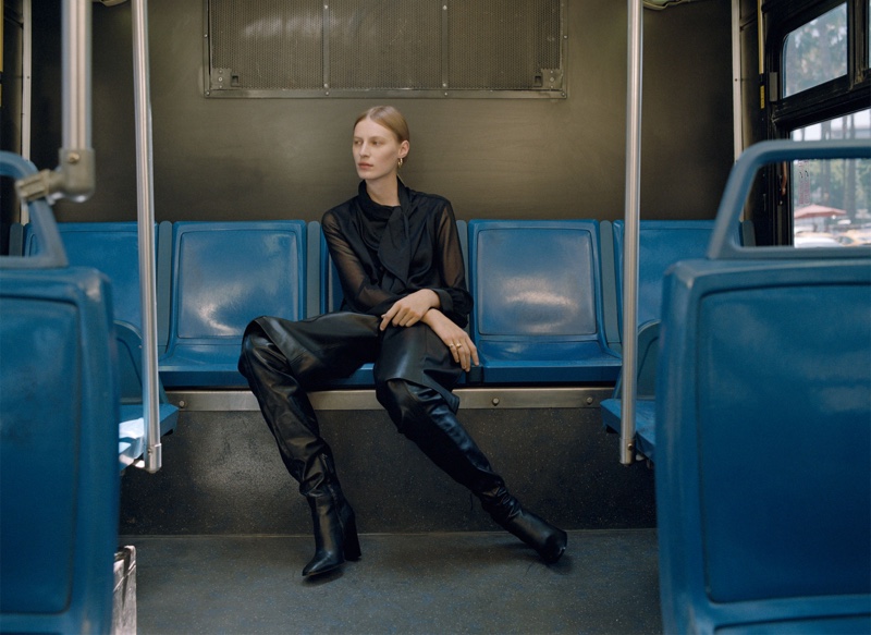 Zara Tired Blouse, Faux Leather Shorts and Oversized Shaft Heeled Leather Boots