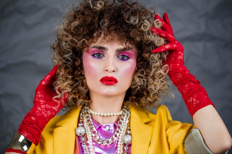 80s Curly Hair Bold Makeup Jewelry