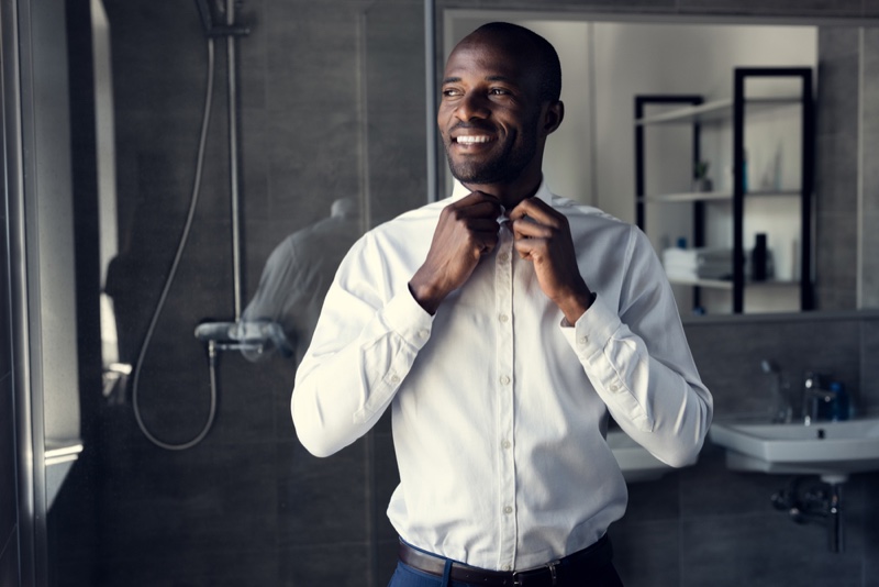 Black Male Model Button Up Shirt Bathroom