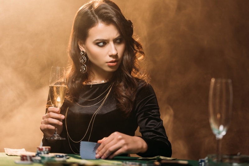 Brunette Woman Card Game Gambling Champagne Black Dress Earrings