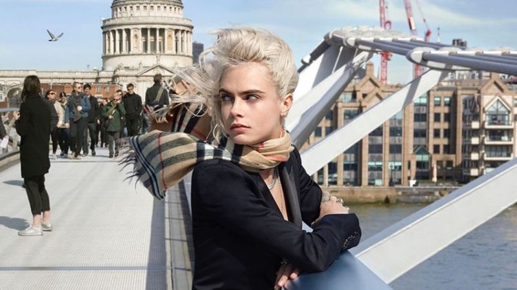 Model Cara Delevingne poses in London for Burberry Her Intense fragrance campaign