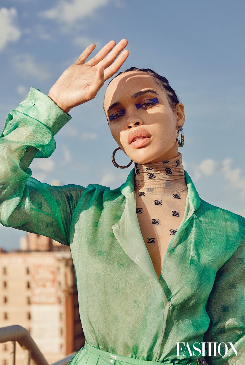 Cleopatra Coleman wears Fendi dress, bodysuit and skirt with Jennifer Fisher earrings