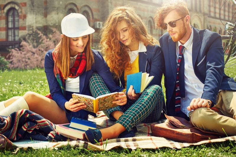 College Students Outdoors Grass Preppy Style