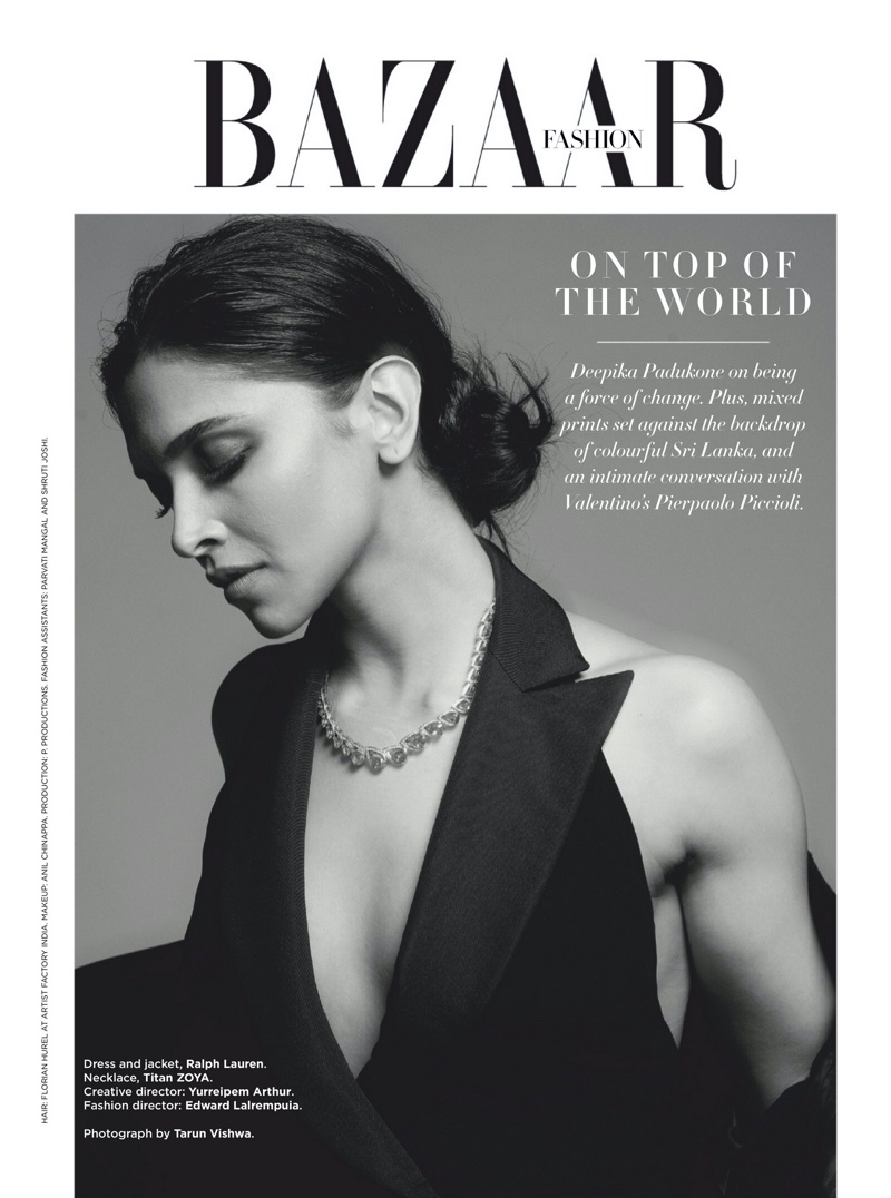 Actress Deepika Padukone poses in Ralph Lauren dress and jacket with Titan Zoya necklace