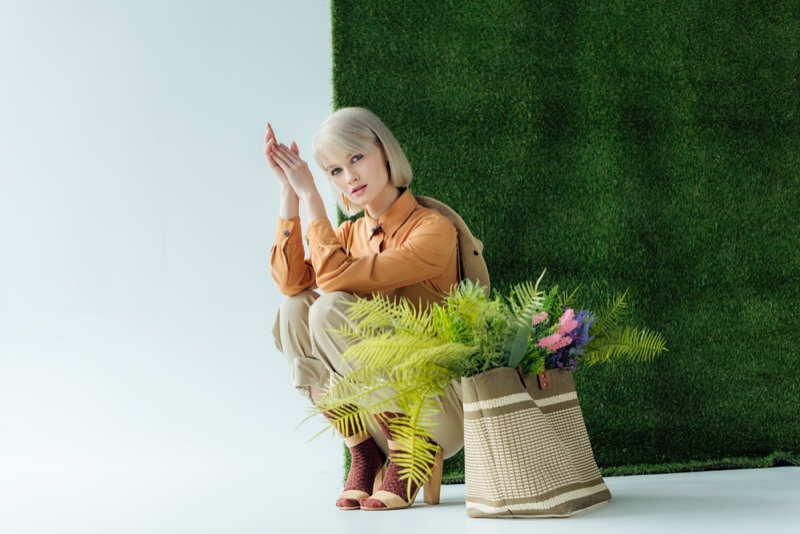 Fashion Model Green Grass Stylish Look Bag Plants