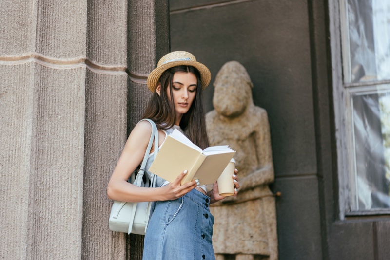 Girl Reading Book Denim Look Bag Coffee Straw Hat