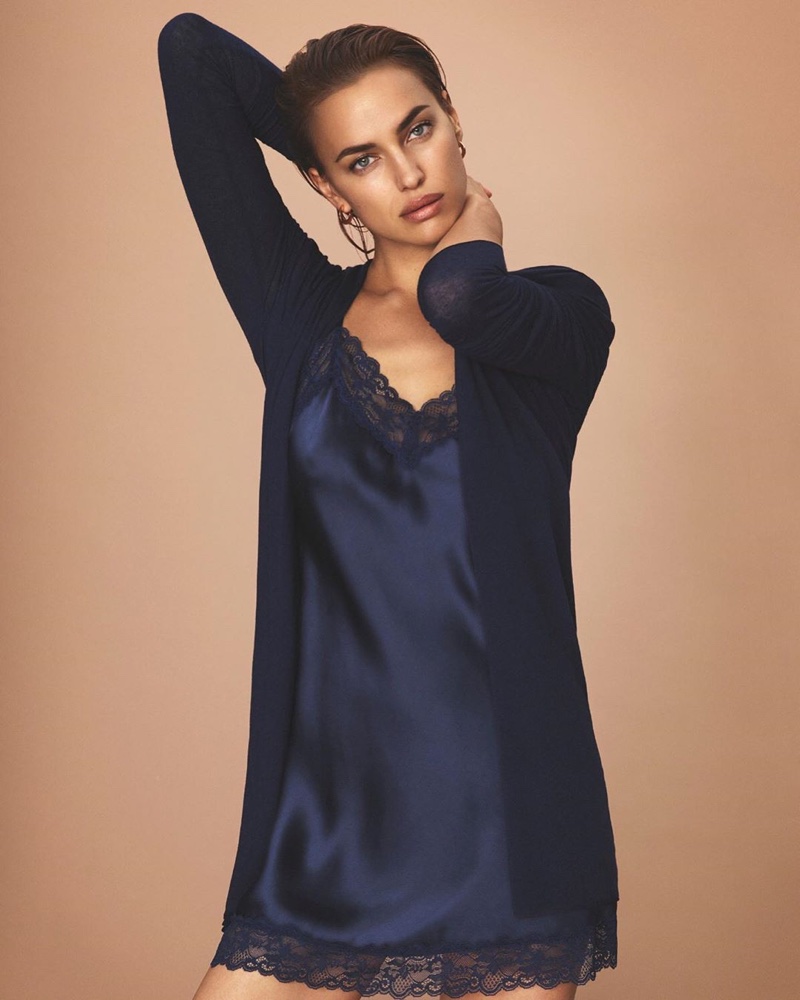 Irina Shayk poses in cardigan and camisole dress for Intimissimi New Fibers campaign