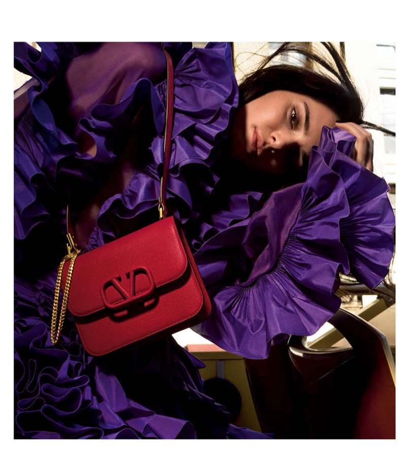 Model Kendall Jenner poses with VSLING bag in Valentino resort 2020 accessories campaign