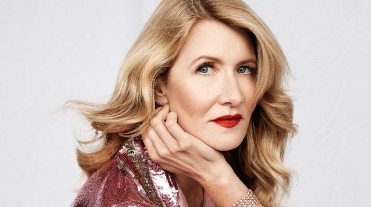 Laura Dern poses in Valentino shirt and pants with Van Cleef & Arpels bracelet