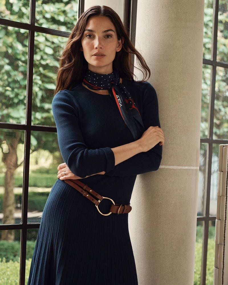 Model Lily Aldridge wears navy in Lauren Ralph Lauren fall 2019 campaign