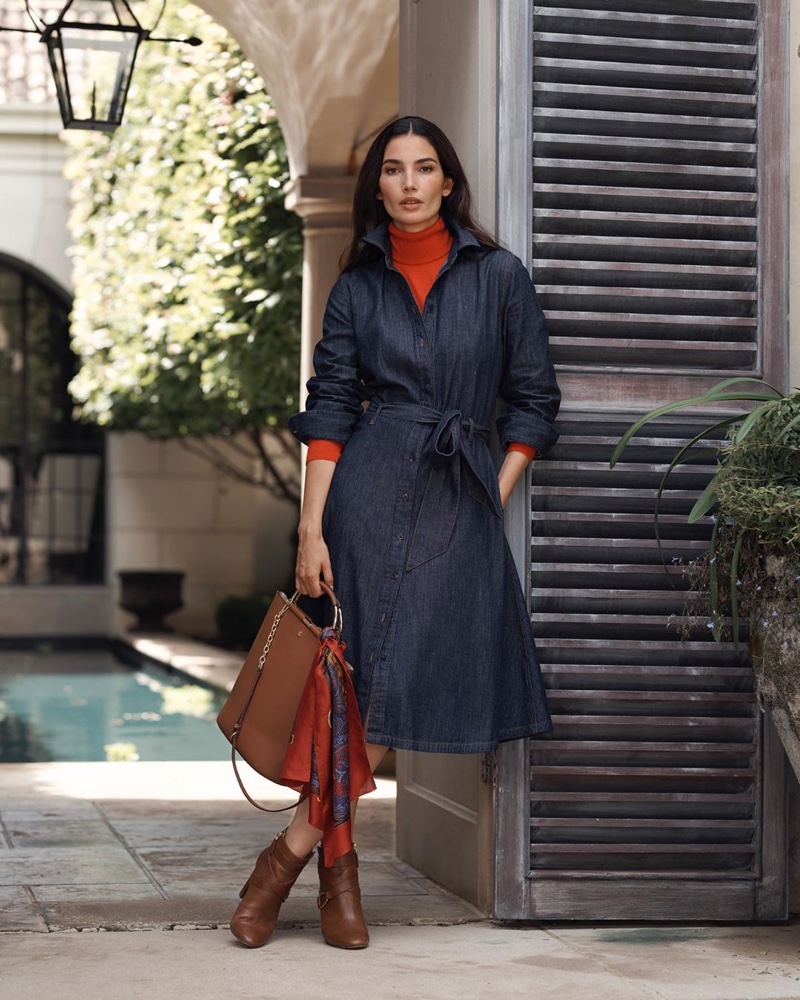 Wearing a denim shirtdress, Lily Aldridge appears in Lauren Ralph Lauren fall 2019 campaign