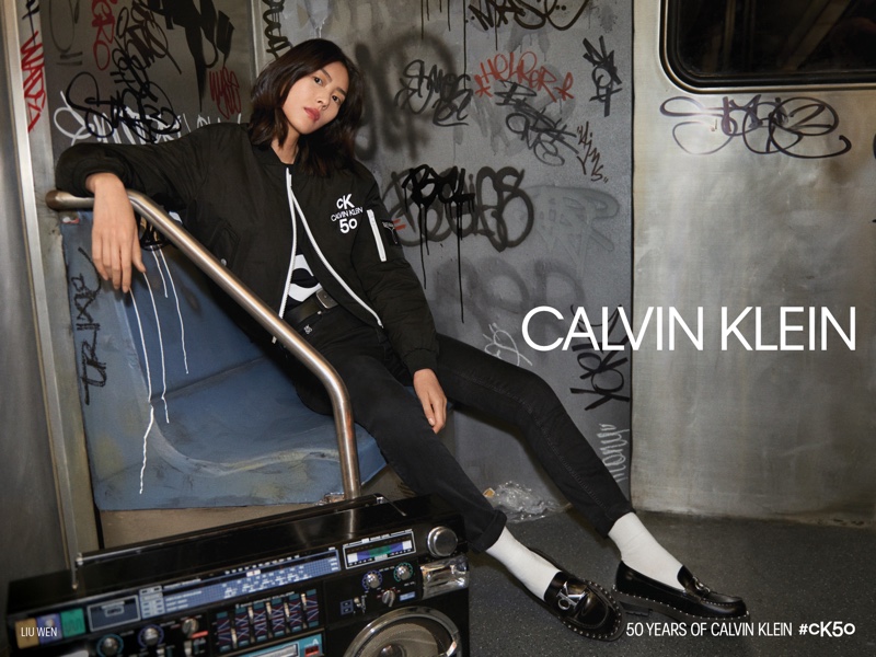 Posing on the subway, Liu Wen fronts Calvin Klein #CK50 campaign