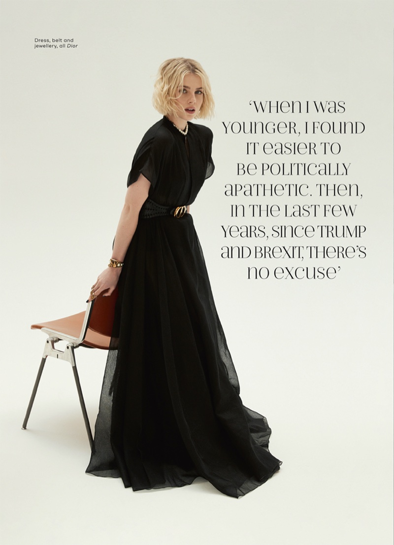 Dressed in black, Lucy Boynton enchants in Dior