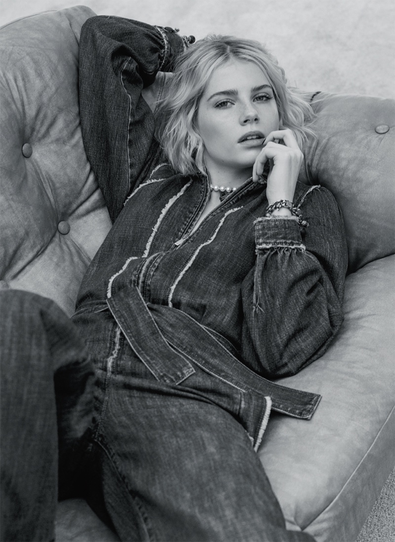 Lucy Boynton poses in a Dior denim look