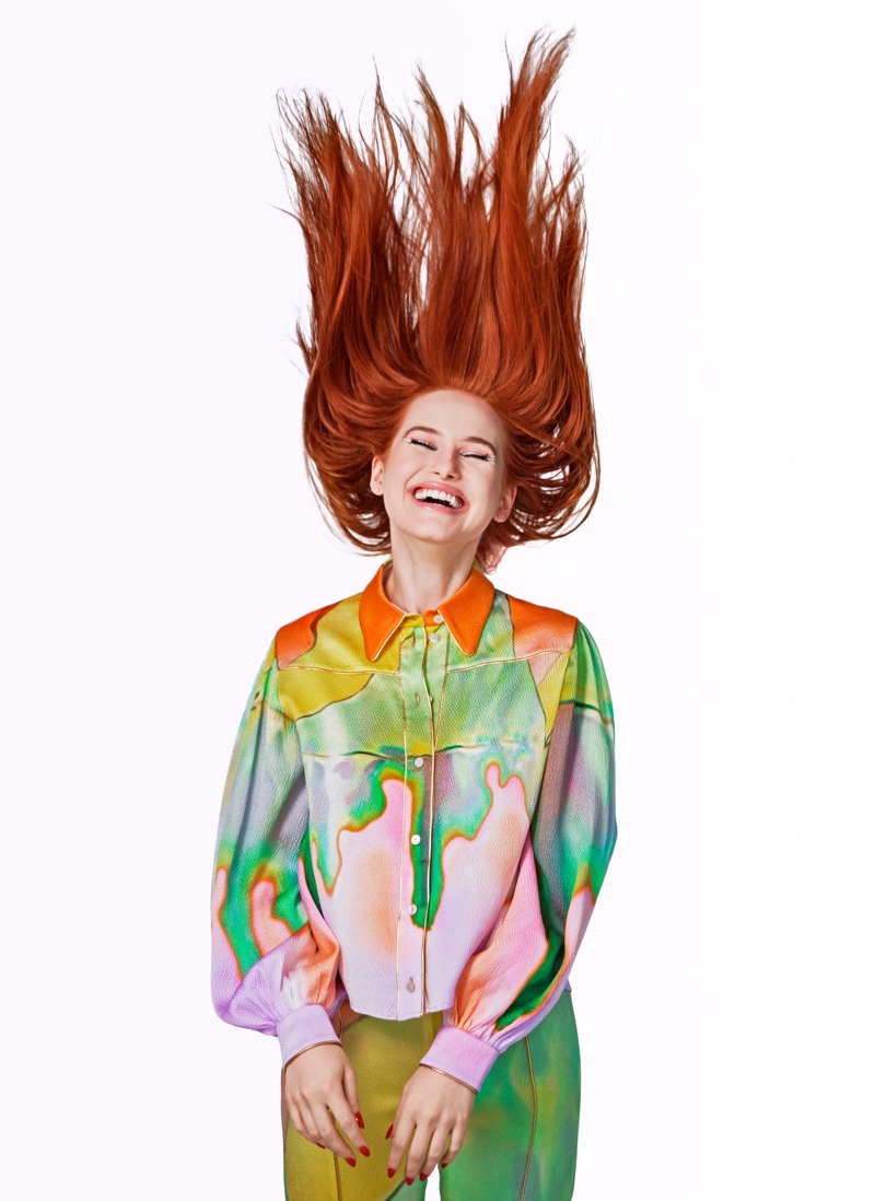 Actress Madelaine Petsch wears Peter Pilotto top and pants