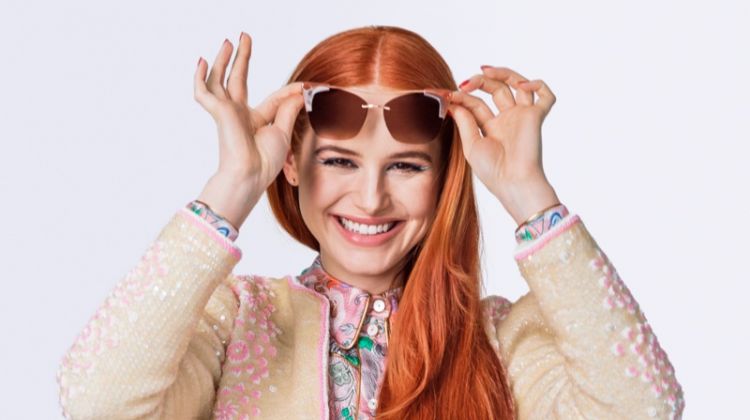 Madelaine Petsch poses in Ashley Williams jacket & skirt, Peter Pilotto top and Privé Revaux sunglasses