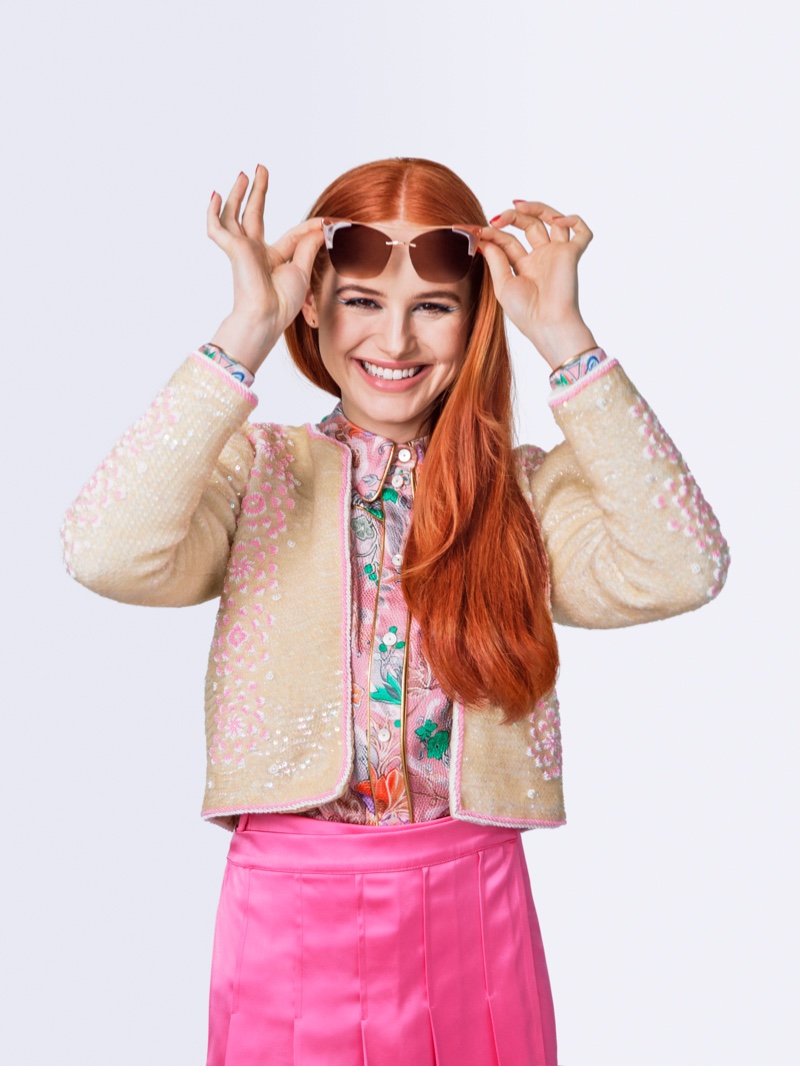 Madelaine Petsch poses in Ashley Williams jacket & skirt, Peter Pilotto top and Privé Revaux sunglasses