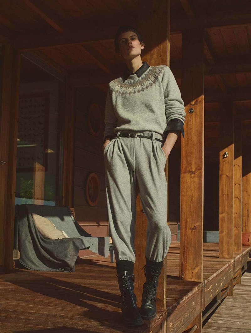 Massimo Dutti Sweater with Jacquard Detail, Heathered Knit Wool Trousers and Leather Cowboy Belt