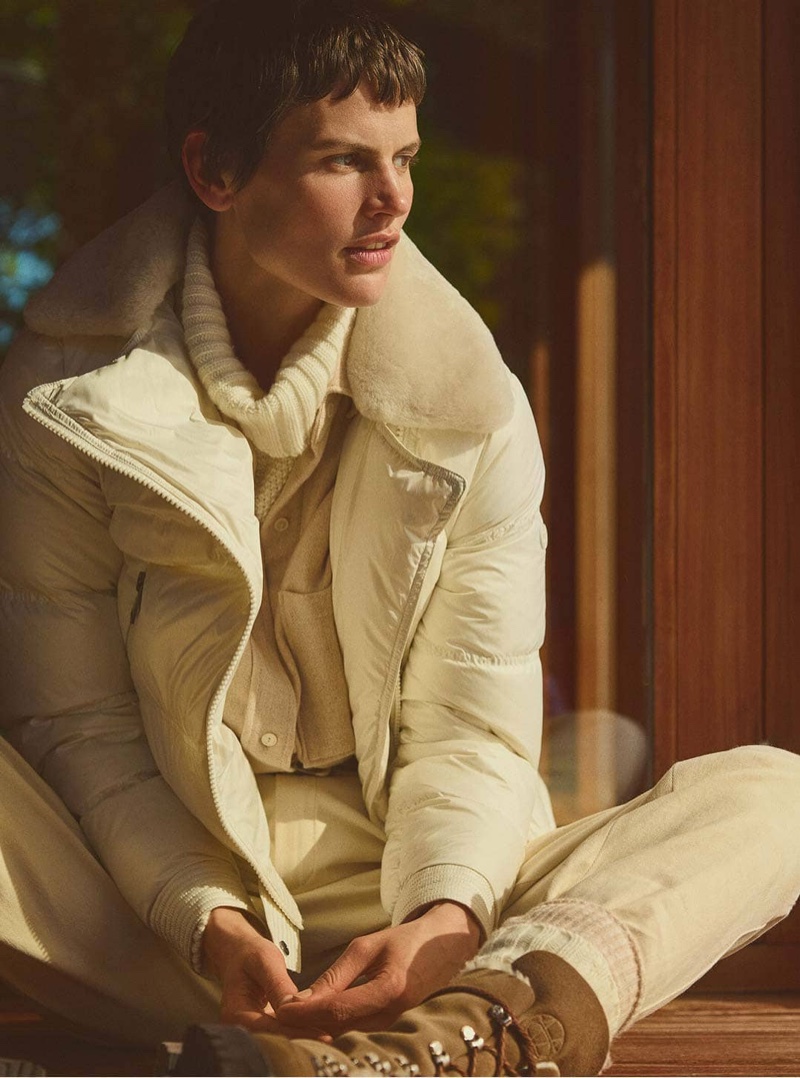 Dressed in white, Saskia de Brauw fronts Massimo Dutti Après-Ski fall-winter 2019 editorial