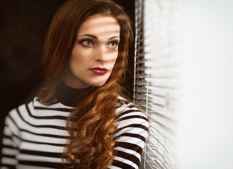 Model Blinds Beauty Closeup Long Hair Striped Sweater