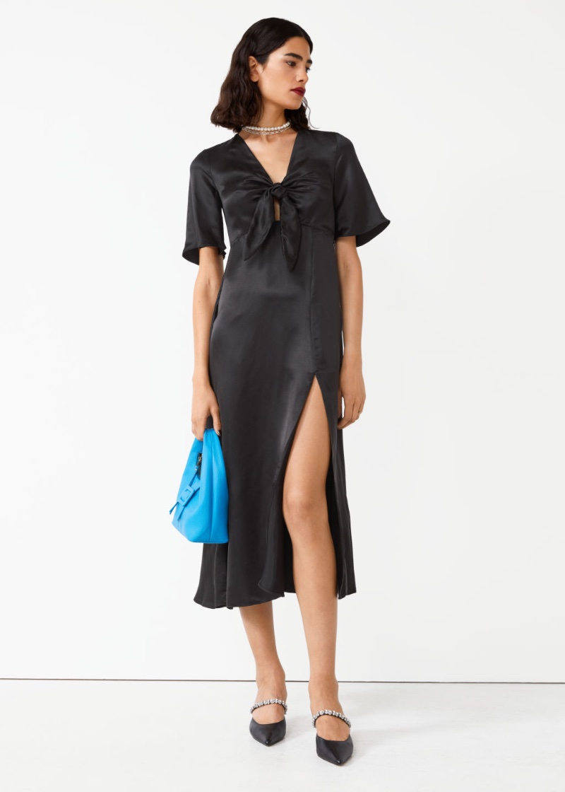 & Other Stories Flutter Sleeve Satin Midi Dress in Black $149