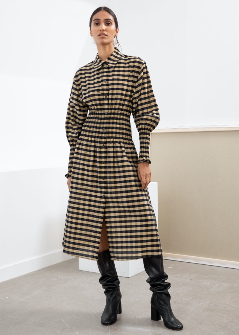 & Other Stories Smocked Plaid Midi Shirt Dress $129