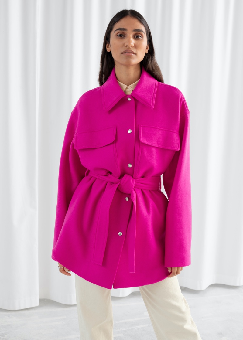 & Other Stories Wool Blend Belted Overshirt Jacket in Pink $219