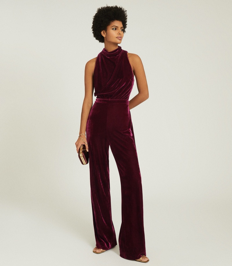 REISS Joan Velvet High Neck Jumpsuit $345