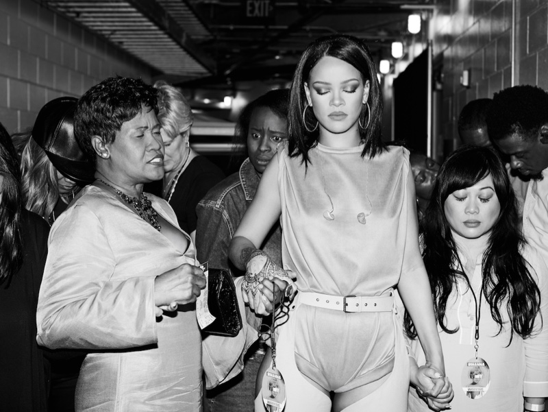 Backstage with Nadine “Hi-Hat” Ruffin, Monica Fenty, Naphia White, and Mylah Morales, Anti World Tour, AmericanAirlines Arena, Miami, 2016. Photograph: Dennis Leupold